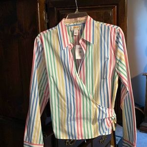 Multicolored striped shirt, that ties around waist. Size petite 14.